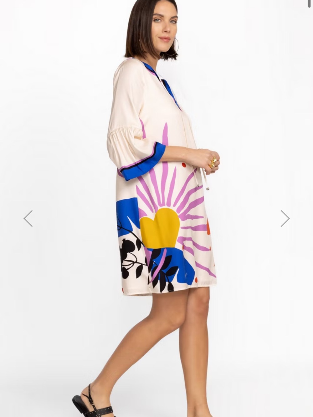 NWT Jade by Johnny Was Lorianne cream white blue silk graphic mini dress large - Picture 7 of 15